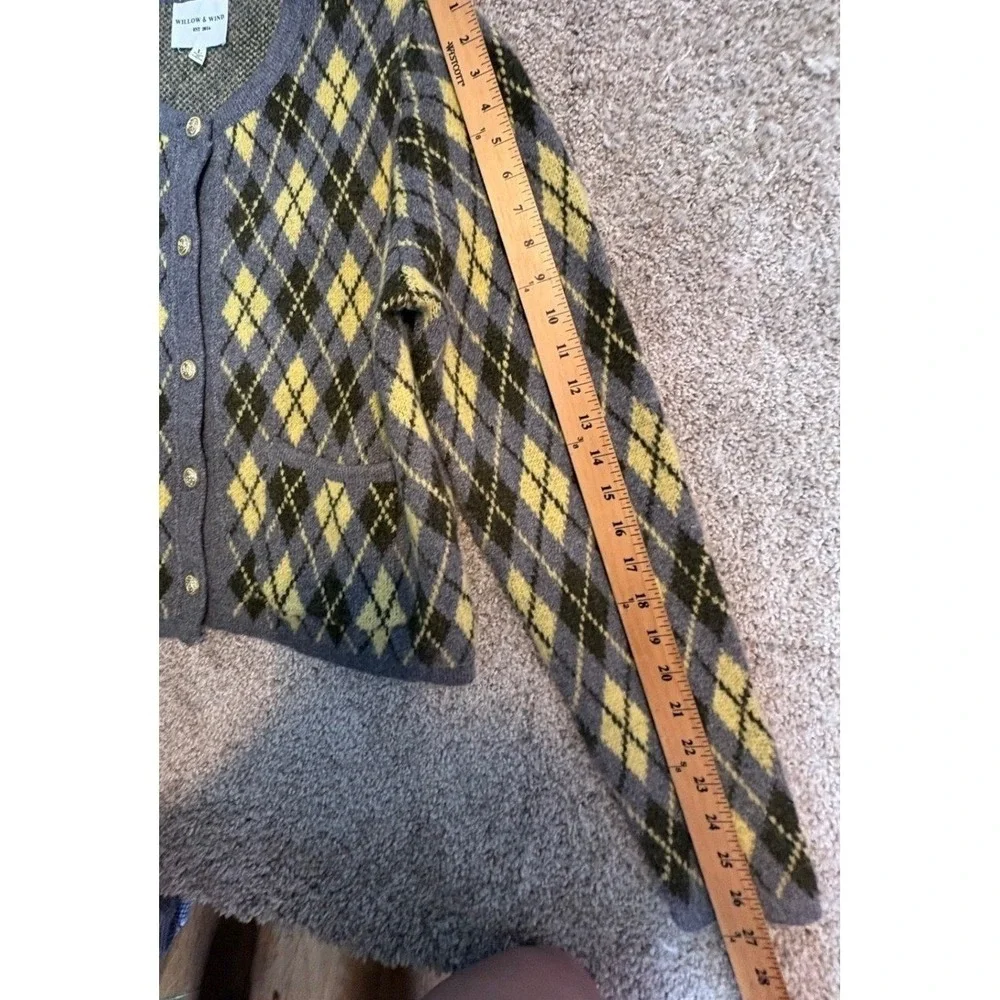 Willow & Wind Argyle Cardigan Sweater Womens Large Grey Yellow Gold Crest Button